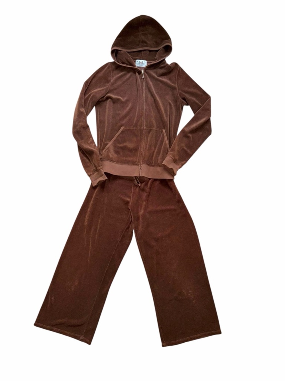 Juicy Couture Brown Y2K TerryCloth Wide Flare Leg Crop Zip Hoodie Set Vintage L